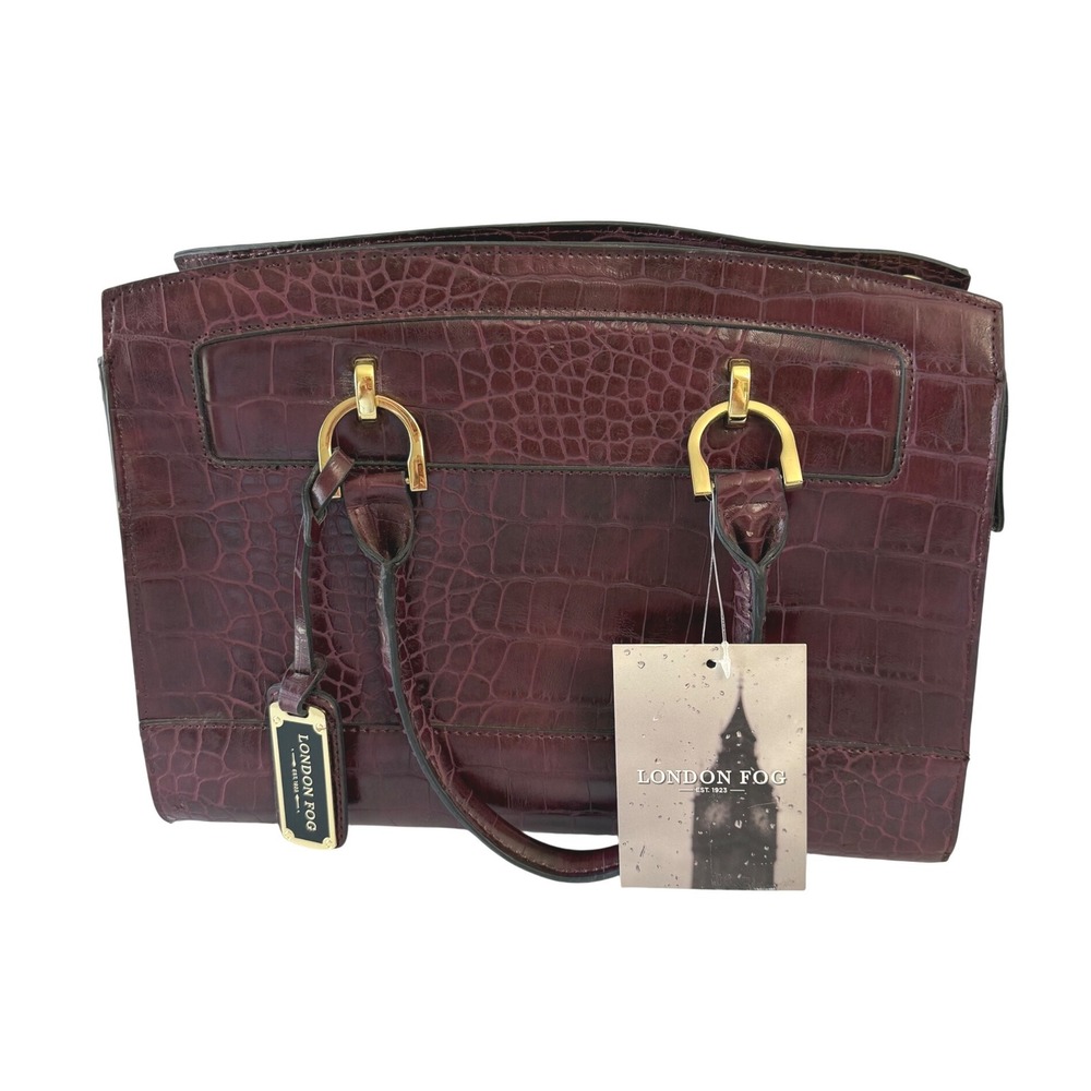 London Fog Womens Burgundy Croc Embossed Satchel Handbag Gold Hardware NWT